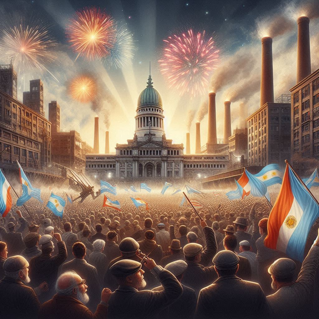 Una ilustración vibrante que capture el alma de una fábrica argentina en pleno movimiento. En ella, se muestra a trabajadores obreros, rostros marcados por la experiencia y la determinación, laborando en un ambiente industrial que conjuga maquinaria moderna con toques nostálgicos. Elementos visuales como pancartas con consignas históricas y símbolos peronistas se funden en el escenario, representando la unión y la lucha de una clase obrera que ha forjado derechos a base de esfuerzo y sacrificio. La paleta de colores cálidos y contrastados resalta el espíritu resiliente y la constante reinvención que caracteriza a los trabajadores de Argentina.